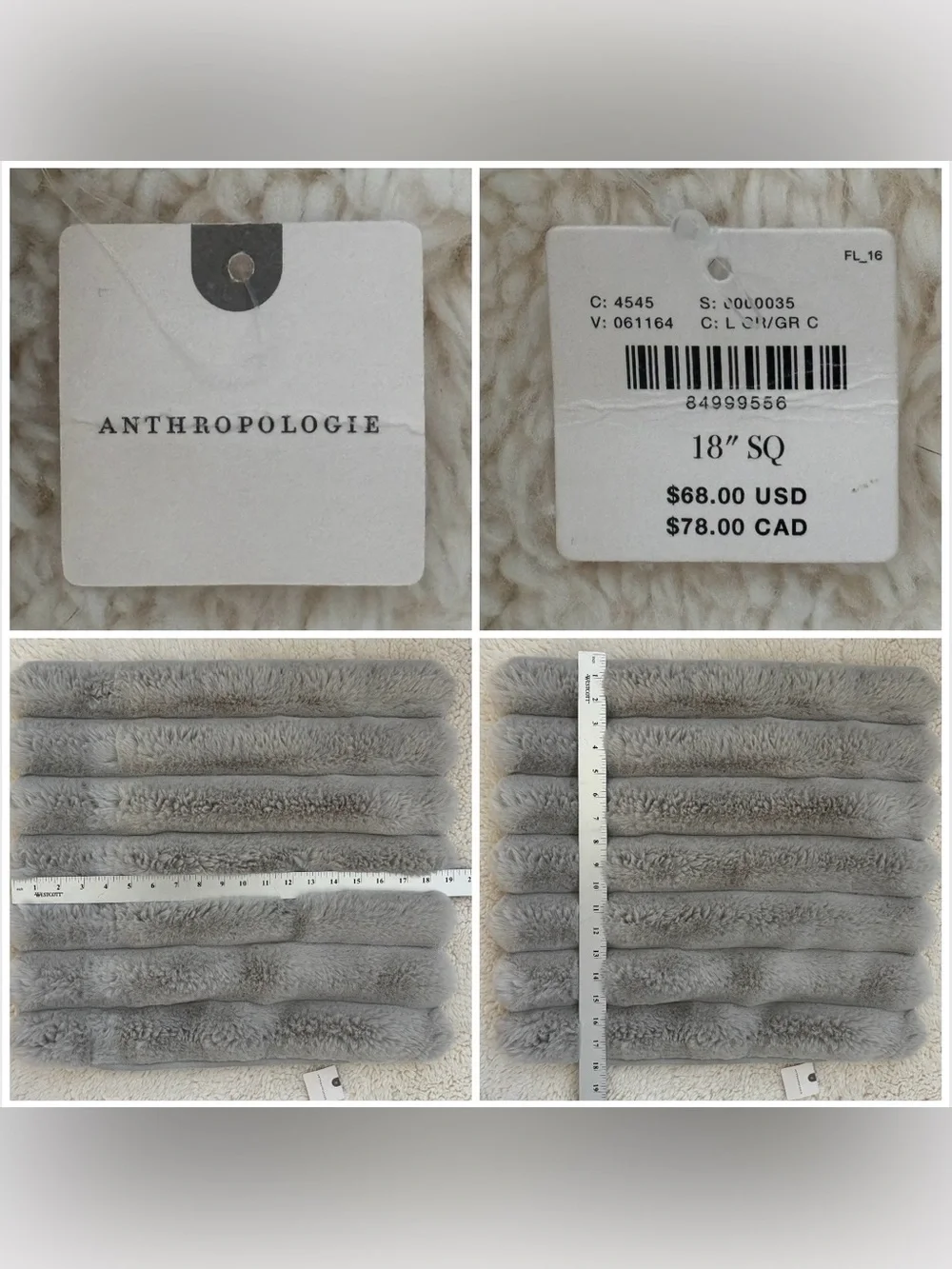 Anthropologie light  gray puffer faux fur 18x18 square pillow cover